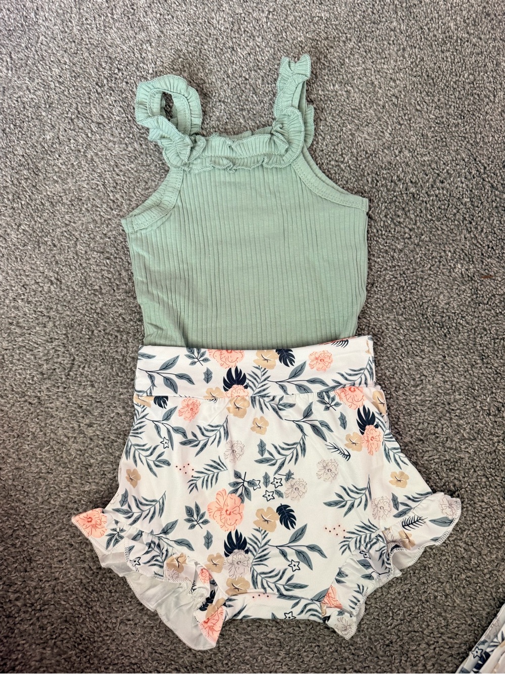 Olive Ruffle Tank with Floral Ruffle Shorts Set